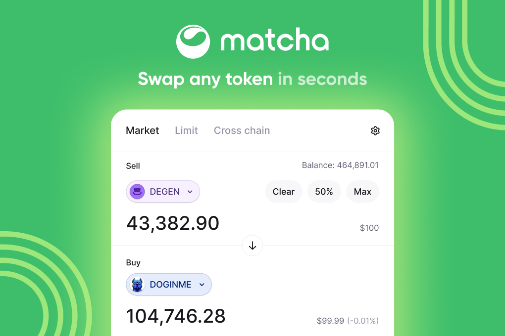 Swap tokens and exchange crypto with no fees | Matcha DEX aggregator - Farcaster Mini Apps